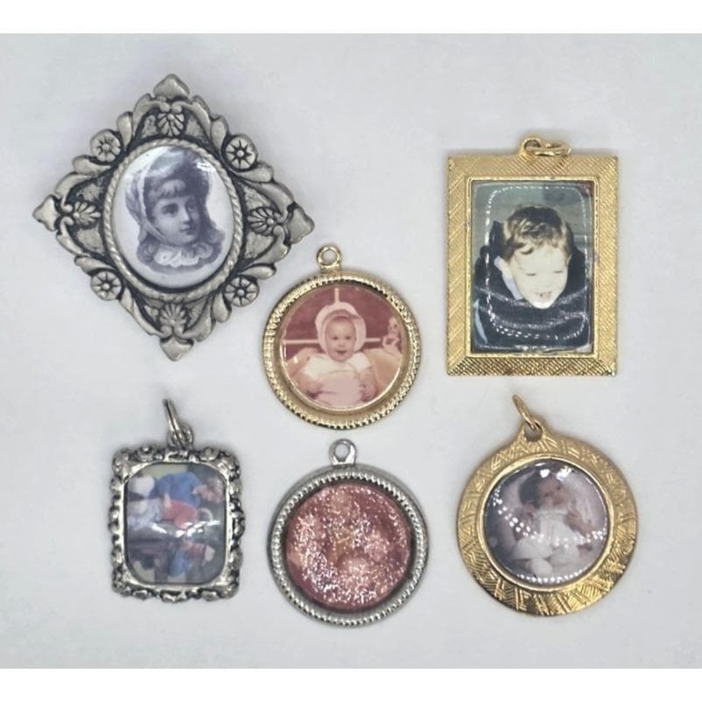Vintage Metal Photograph Keepsake Pendants Charms Silver Gold Tone Photos x6